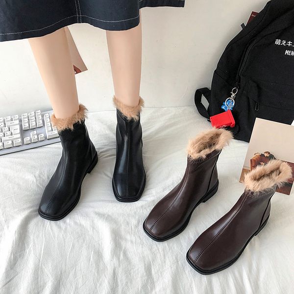

women's mid calf boots leather booties shoes winter footwear luxury designer lace up low heels booties boots-women round toe, Black