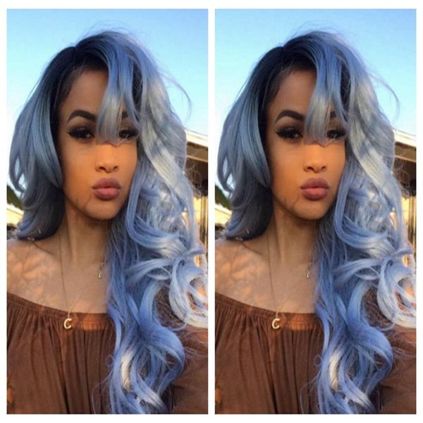 Lace Front Ombre Blue 26inch Long Wavy African American Wigs Free