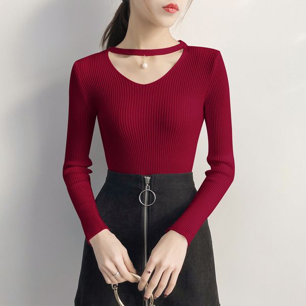 

v-neck long sleeve sweater women 2019 autumn and winter basic knitted sweaters korean slim streetwear solid pullover, White;black
