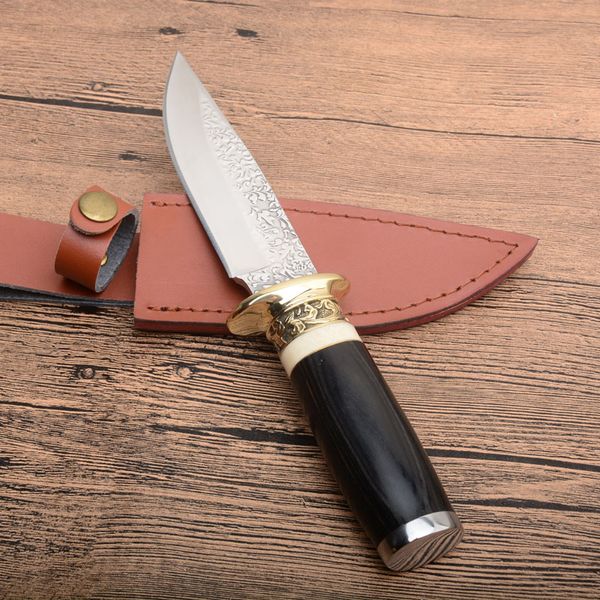 Direkt ab Werk Outdoor-Survival-Jagdmesser Drop-Point-Klinge aus Hartstahl mit Ebenholzgriff, feststehende Messer mit Lederscheide