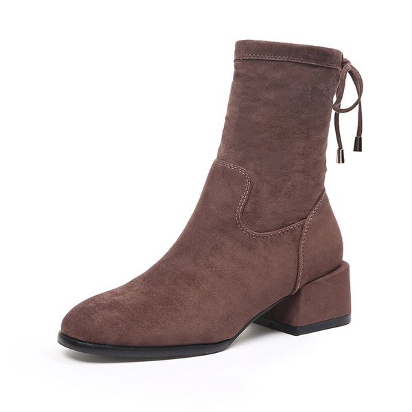 

осень зима новая мода леди середины икры сапоги узелок украшения flock площади высокие каблуки side zipper boots женщины, Black