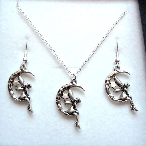 

Hot ! Jewelry Set , Antique silver *FAIRY SITTING ON CRESCENT MOON STARS* Gift Set Necklace Earrings Jewelry Set (z576)
