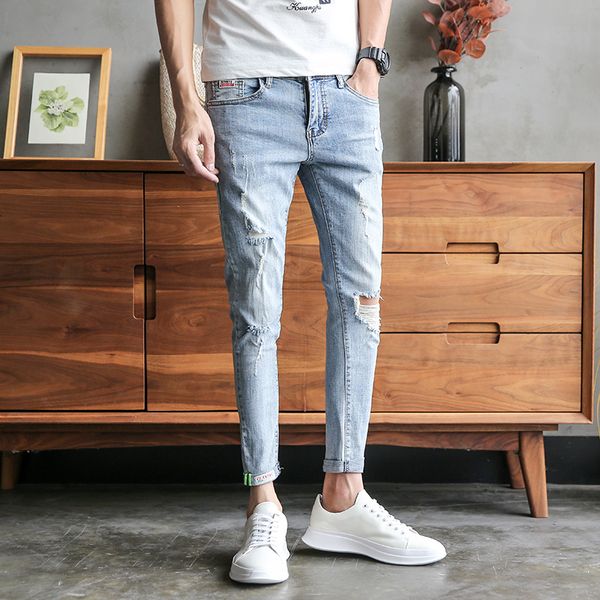 

quality ripped jeans men summer all match hole denim pants men jeans slim fit casual men's trousers ankle length 34-28 hot, Blue