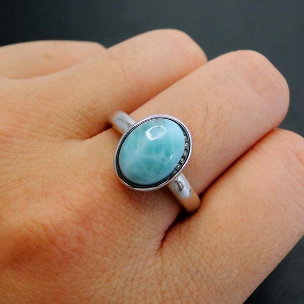 

100% 925 sterling silver natural dominica larimar oval ring womens jewelry for engagement wedding jewelry gift, Golden;silver