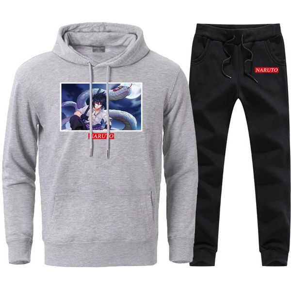 

naruto uchiha sasuke catoon print hoodies sportswear pants set 2020 man fleece winter casual loose streetwear sweatpants suits, Black