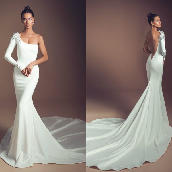 Abiti da sposa a sirena Elihav Sasson Abiti da sposa con una spalla a maniche lunghe con perline 2019 Abito da sposa in raso senza schienale Vestido De Novia