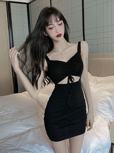 

women dresses 2020 summer new fashion niche hollow waist drawstring low-cut slimming hip slim dress women, White;black