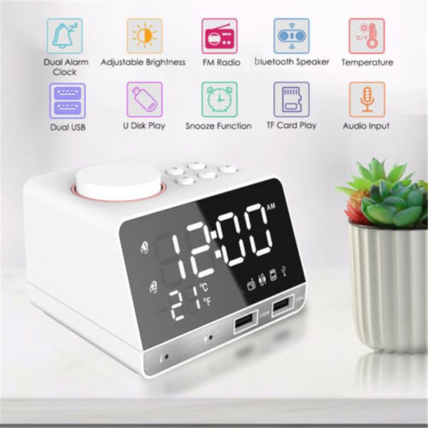 

wireless bluetooth speaker fm aux alarm clock rechargeable mirror led display volume bass home decration snooze table clock