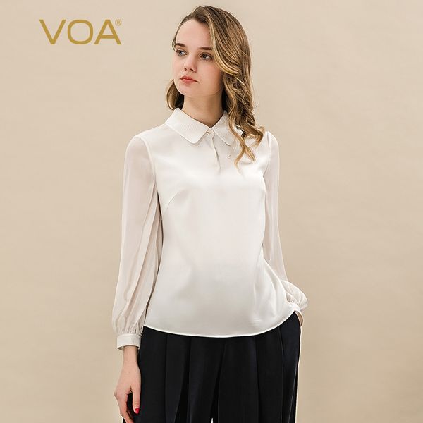 

voa pure white silk collar shirt sleeve long sleeve splice tuck pleat simple wild models female b9017