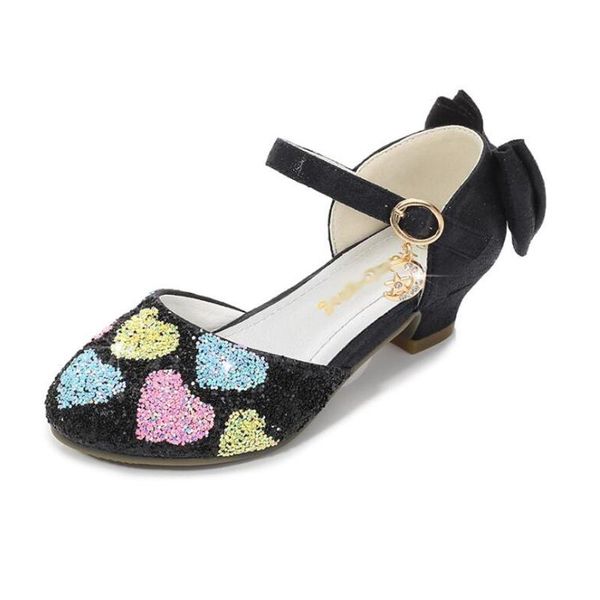 

2020 summer girls princess sandals hollow sequins glitter children shoes leather shoes crystal high heel wedding party sandals, Black;grey