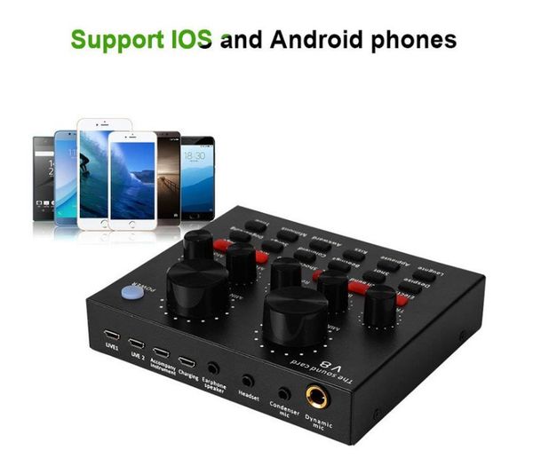 

v8 sound card multi-functional live sound card usb audio interface intelligent volume adjustable audio mixer sound card for live broadcast