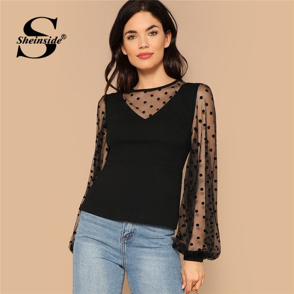 

sheinside dot mesh insert lantern sleeve blouse women black 2019 spring long sleeve solid ladies elegant blouses, White