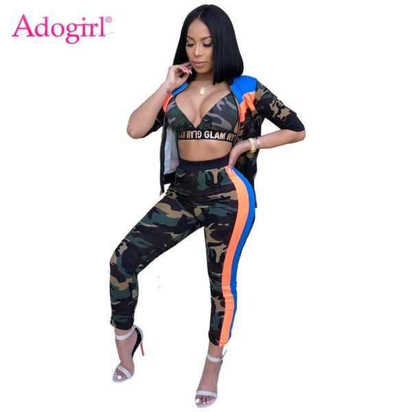 

adogirl camo stripe print women tracksuits 3 piece set bra zipper jacket outerwear and pencil pants sporting outfits suit, Gray