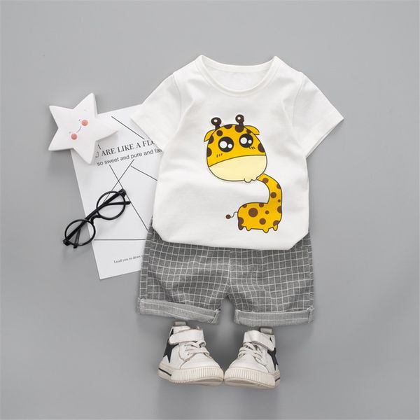 

outfit for bpy baby children summer cotton clothing set cute cartoon giraffe t-shirt+check shorts kids clothes, White