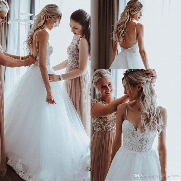 

bohemian beach wedding dresses spaghetti straps tulle lace applique beaded backless court train a line wedding dress bridal gowns vestidos, White