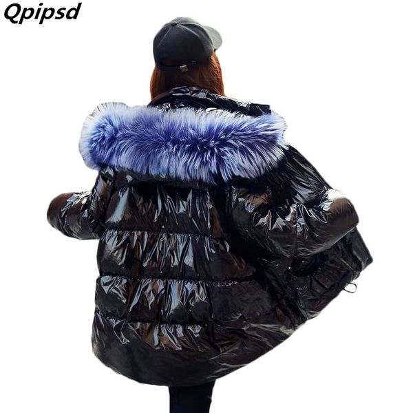 

glossy winter down coats woman hooded multicolour natural raccoon fur parka female thicken 90% white duck down jacket women coat, Black