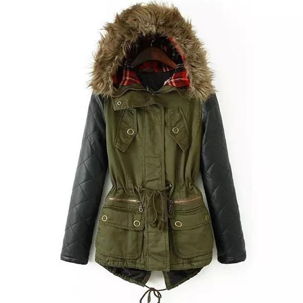 

winter jacket women down parka plus size cotton padded coat fur hooded outwear pu leather sleeve winter coat women, Black