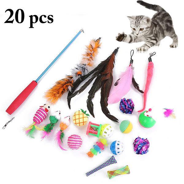 

20pcs cat toys set interactive funny cat scratcher ball toy kitten catnip bell toy teaser feather for playing
