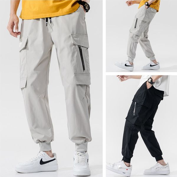 

men streetwear s-3xl cargo pants 2020 summer large pockets drawstring harness pants men baggy pockets trousers overol hombre, Black