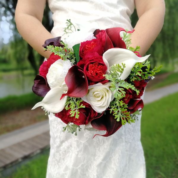 

artificial bridal bouquet wedding bouquet red brides handmade brooch bouquet waterfall white calla lily flowers de mariage pink rose