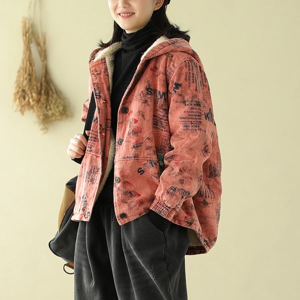 

women winter cotton imitation lamb wool lining jackets hooded jackets single breasted loose letter print vintage casual coat, Black;brown