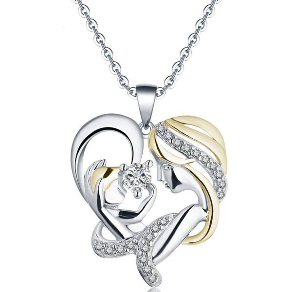 

mom love mother's day heart-shaped zircon necklace mom and baby n38, Golden;silver