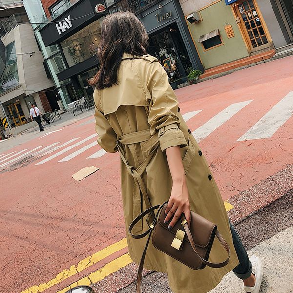 

spring nice the tide women's windbreaker thin section over the knee medium and long section women's jacket fashion slim fit coat, Tan;black