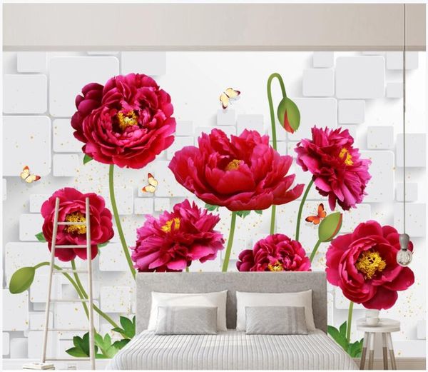 

custom p mural on the wall 3d wallpaper hd peony flower butterfly brick wall home decor living room wallpaper for walls 3 d