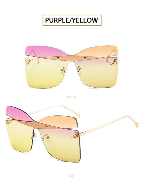 

new female frameless metal sunglasses one piece uv400 shadow glasses toad frog glasses popular printed sunglasses purple orange pink lens, White;black