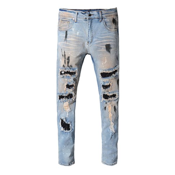 

men's jeans fashion streetwear men retro blue paint destroyed ripped punk pants patchwork designer hip hop homme
