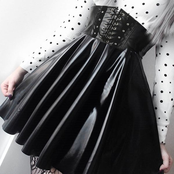 

suchcute women's skirts gothic harajuku bandage faux leather korean fashion black mini pleated skirts 2019 summer party pu saias