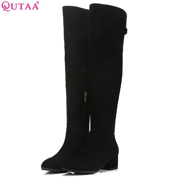 

qutaa 2019 women over the knee high boots cow suede all match platform square high heel winter boots women shoes big size 34-39, Black