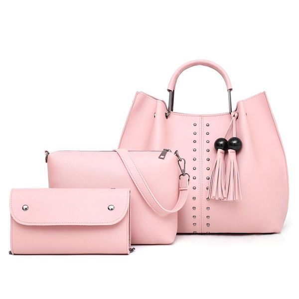 

tassel handbag for women pu leather shoulder bag tote satchel 3 pcs purse with zipper rivet