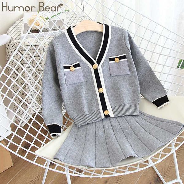 

humor bear 2 pcs autumn winter girls clothes set 2020 kids knit sweater cardigan jackets + skirts 2pcs children knitted outfits, White