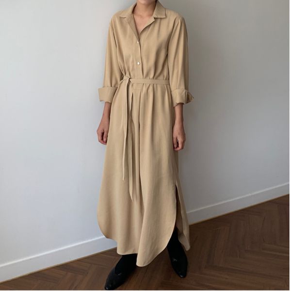 

casual dresses [ewq] 2021 spring minimalist long sleeve turn-down collar high waist shirt dress korea loose ladies qz44001, Black;gray