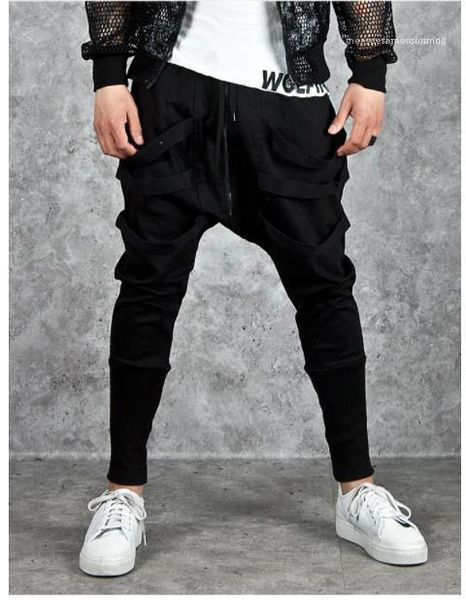 

zipper loose sports harem pants solid color fashion mens pants ribbons men designer pants street style casual cool low-grade, Black