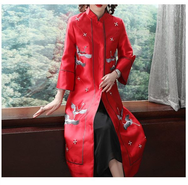 

new autumn chinese style cane pattern embroidered mandarin collar long section trench for women, Tan;black
