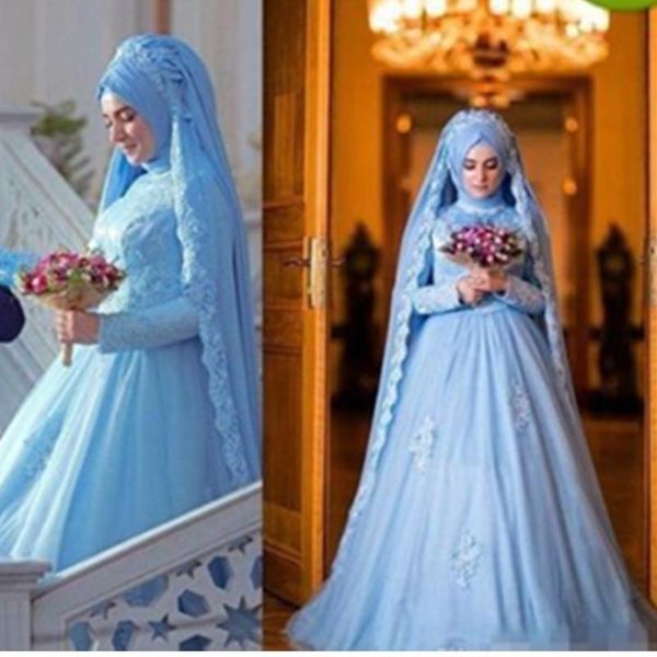 

muslim a line wedding dresses modest new sky blue bridal gowns long sleeve appliques tulle castle sale custom made sweep train, White