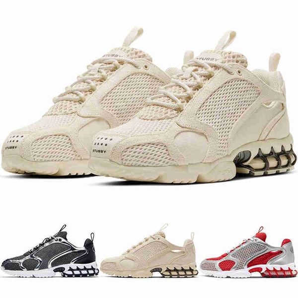 

stock x 2020 stussy zoom spiridon caged 2 series beige white black and white retro sports jogging shoes sneakers, White;red