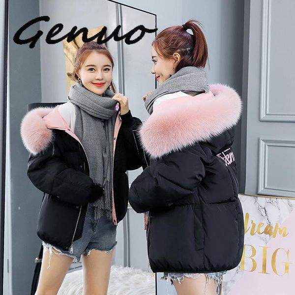 

genuo 2019 short womens outerwear parkas camperas fashion fur collar winter jacket for women warm hooded female winter coat, Tan;black