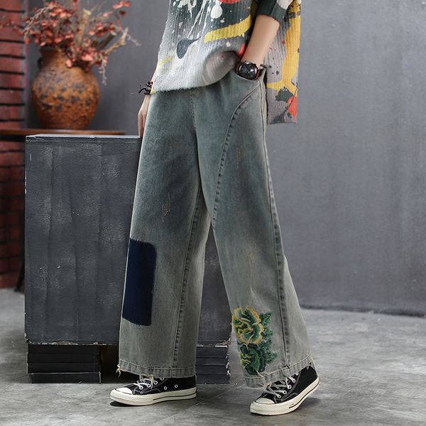 

women jeans wide leg patchwork denim pants bottoms big loose long retro vintage fashion casual for autumn bo21162719, Blue