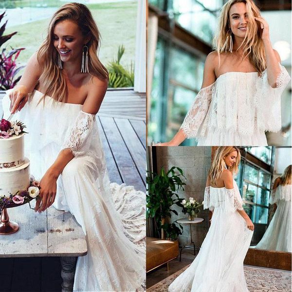 

elegant 2019 strapless a line boho country wedding dresses lace applqiues off shoulder sleeveless bohemian beach wedding dress, White