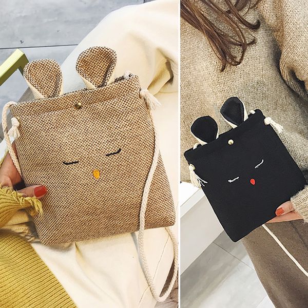 

women burlap cat ears small square bag simple cute shoulder crossbody bag