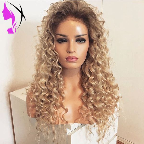 Ombre blonde Lace-Front-Perücke mit Babyhaar, synthetische, verworrene, lockige Simulations-Echthaar-Perücken für Frauen, lange Perücke, vorgezupfter Haaransatz