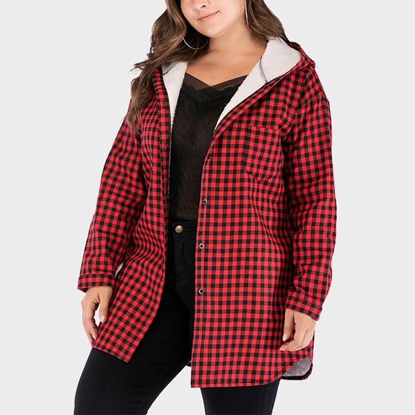 

kureas women parka jacket plus size winter autumn warm fleece hooded coat fashion plaid single breasted thicken long shirts, Black