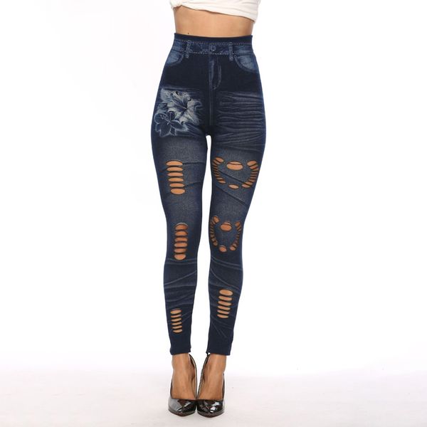 

women pattern jeans hollow high waist imitated denim elastic cropped fashion hole pants, Blue