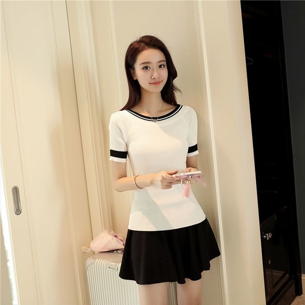 

2020 solid color short round collar slim cotton slim student loose t- t-shirt base shirt female, White