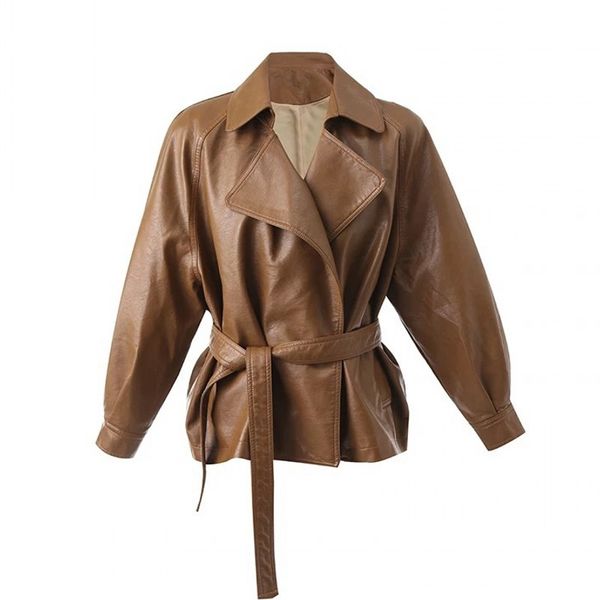 

jackets for women autumn winter 2019 brand leather jacket large office turn-down collar sashes short ladies leather coat, Black