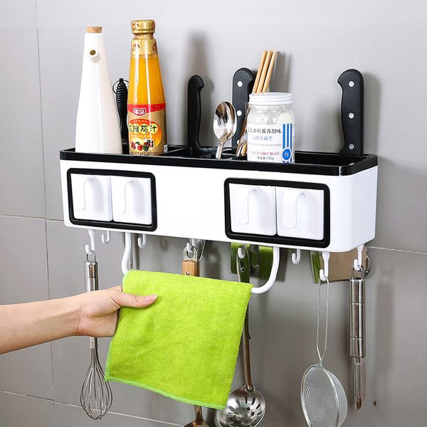 2019 White Wall Mounted Spice Storage Rack With 8 Hooks Towel Rail