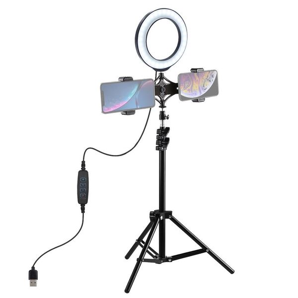 

puluz 1.1m tripod mount + live broadcast dual phone bracket + 6.2 inch 16cm led ring vlogging video light kits